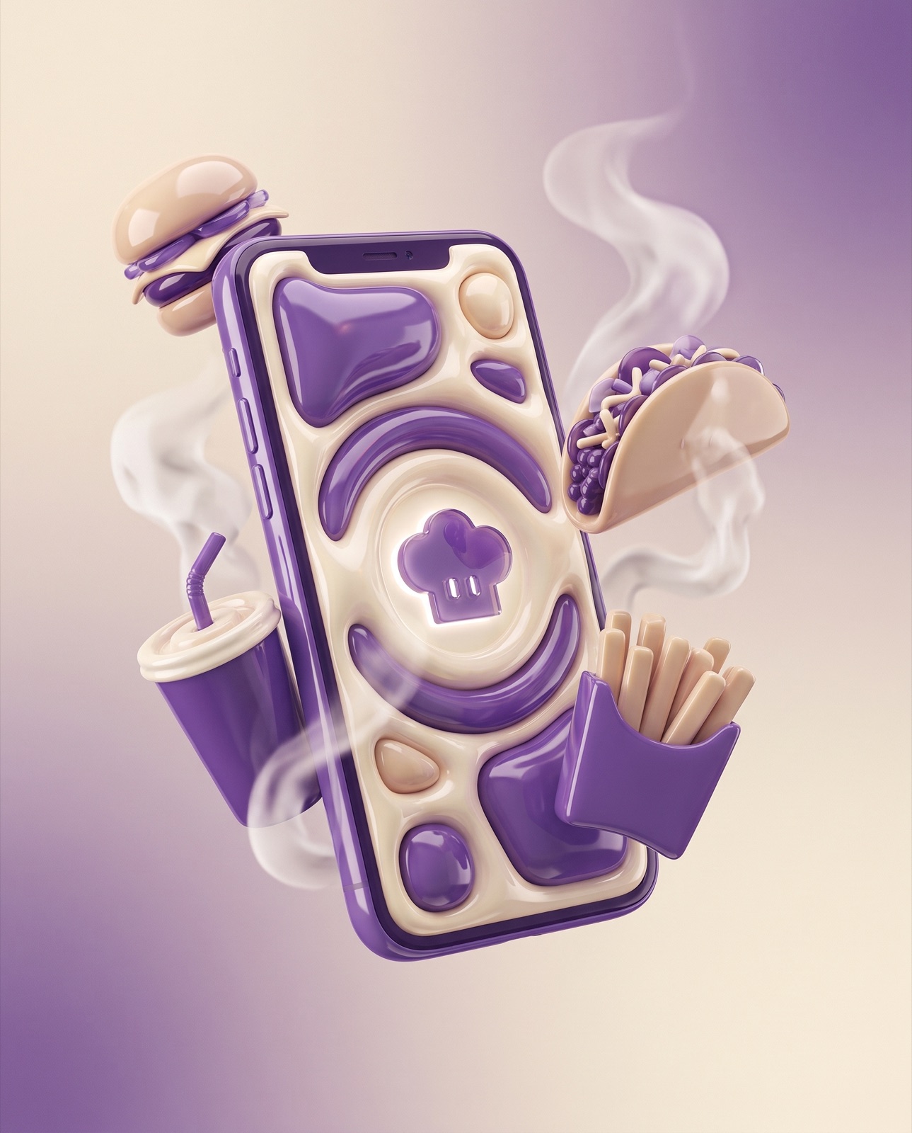 3D phone with a purple ordering app surrounded by floating food